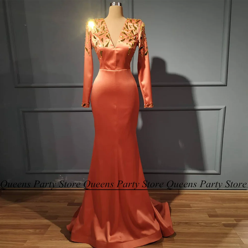 

Elegant Orange Satin Mermaid Evening Dress Long Sleeves V Neck Crystals Beading Sweep Train Pageant Party Gown Prom Dresses