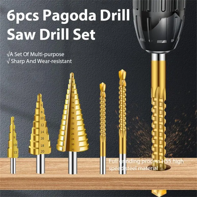 

1-6Pcs/Set Step Drill Bits 4-12mm/4-20/4-32 HSS Saw Drill Bits 3/6/8 Drilling Cutting For Metal Wood Drilling Cutting Drill Kit