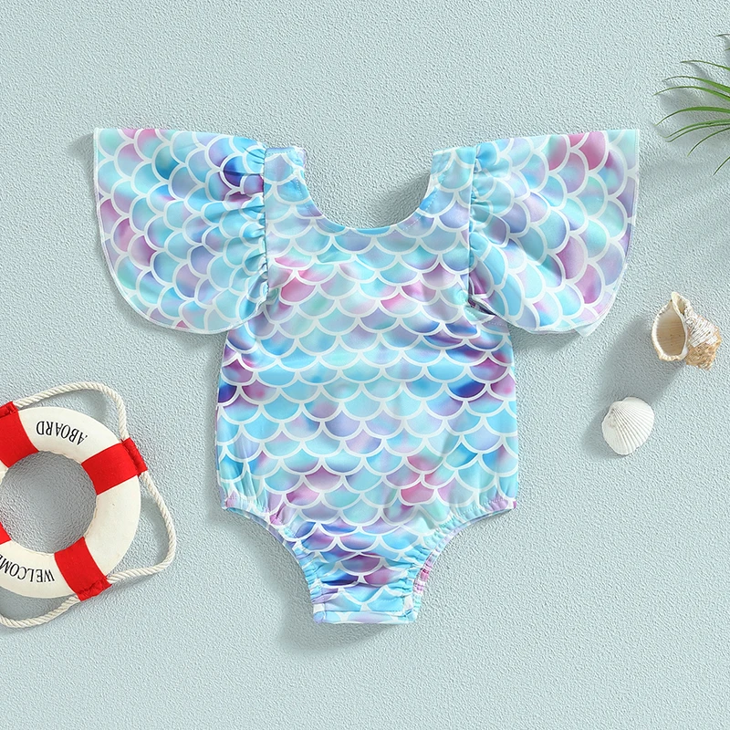 

2023-03-08 Lioraitiin 0-4Years Toddler Baby Girls Mermaid Swimsuit Ruffle Sleeve Round Neck Bathing Suit Beach Wear Bodysuit
