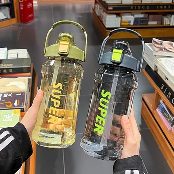 2000ml Large-capacity Sports Straw Cup Leakproof Plastic Sports Water Bottle with Handle Graduated Impact-resistant Bottles