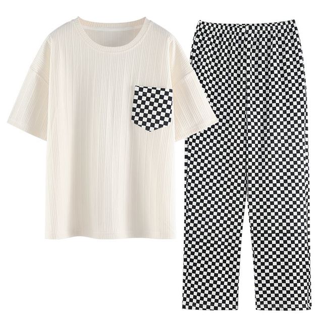 Women Pajama 2 Pcs Sets Cotton T-shirt Elastic Waist Ankle Length Pants Cartoon Plaid Sweet Home Clothes Can wear Outside