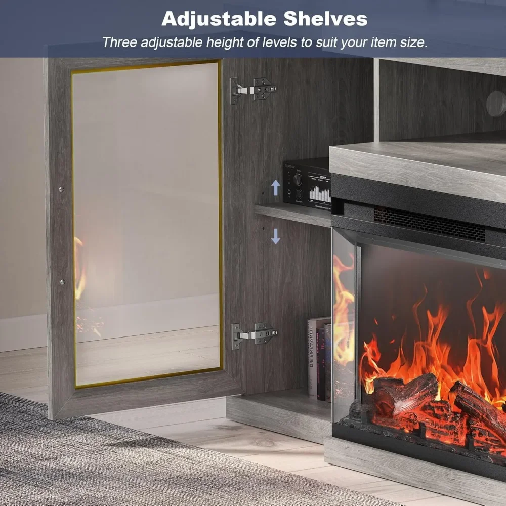 TV Stand with 23" Electric Fireplace Heater with Sound, Entertainment Center for TVs Up to, Glass Door Storage Cabinet 5