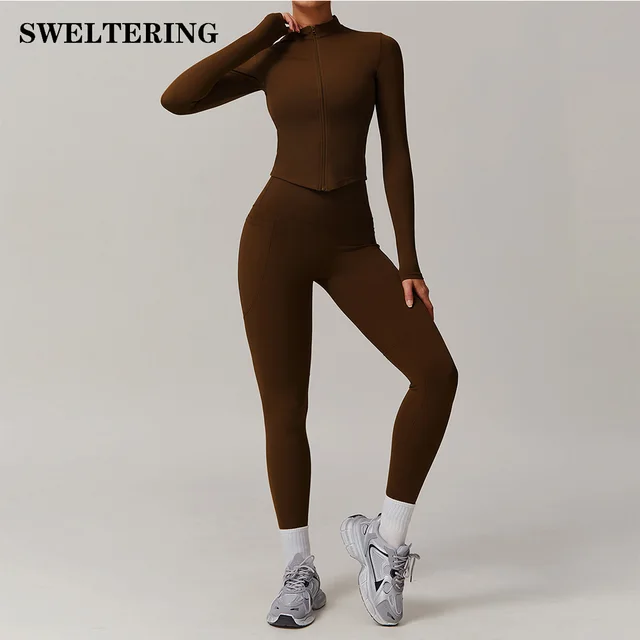 Women Tracksuit 2PCS Yoga Set Workout Sportswear Gym Clothing Zipper Fitness Long Sleeve Top High Waist Leggings Sports Suits
