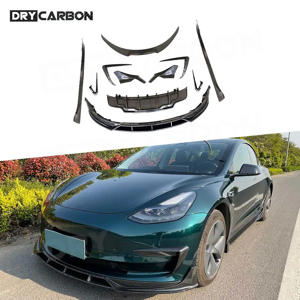 

for Tesla Model 3 Carbon Fiber Car Bodykit Gloss Black Front Bumper Lip Rear Diffuser Side Skirts Rocker Panels Rear Spoiler