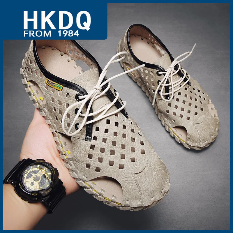 

HKDQ High Quality Leather Men's Clogs Fashion Hollow Lace-up Designer Shoes Man Summer Comfortable Outdoor Roman Sandals For Men