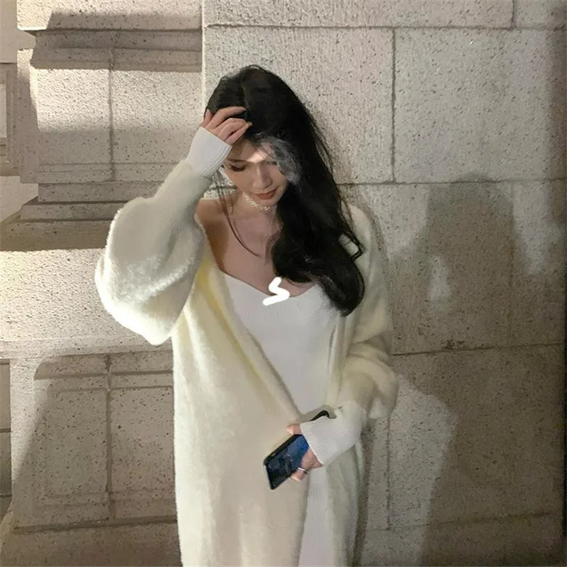 여성용 인조 밍크 캐시미어 가디건, 가을 겨울 의류, 부드럽고 느슨한 레이지 롱 코트, 두껍고 따뜻한 니트 스웨터, 겉옷