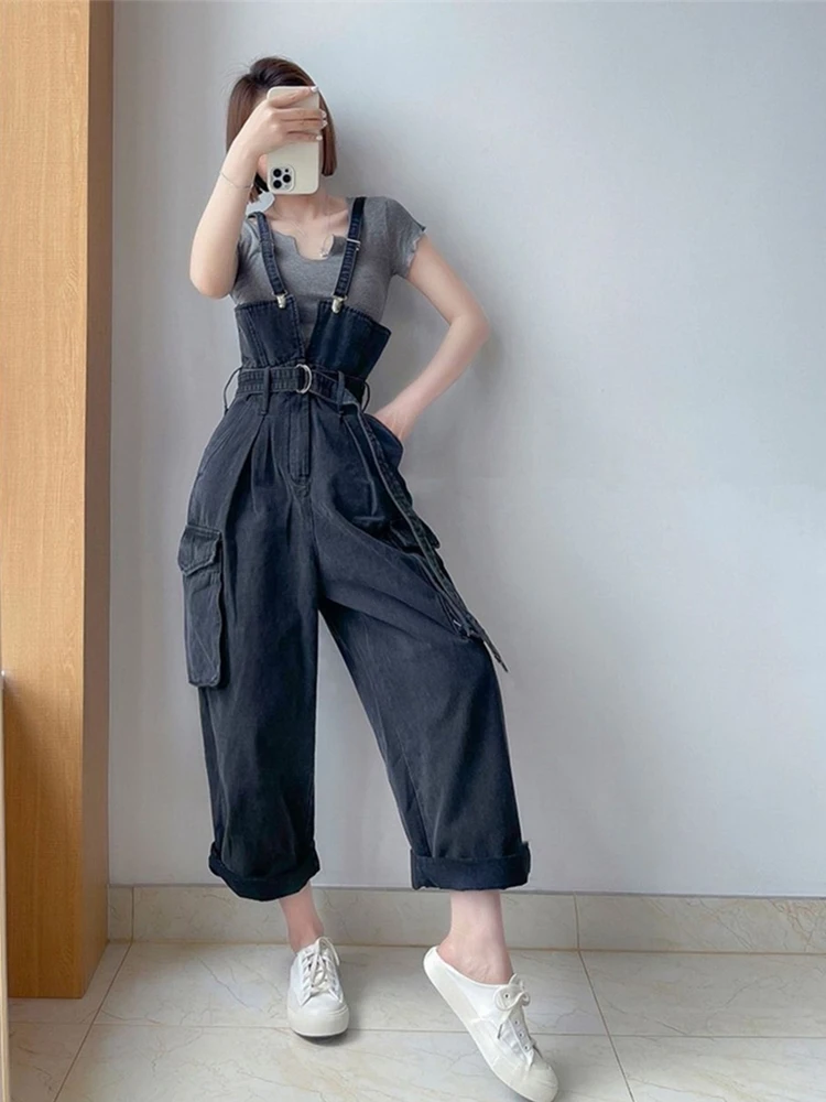 

Women's Black Grey Vintage Pants Suspender Jumpsuit Young Girl Academic Style Rompers Female Retro Casual Straight Denim Trouser