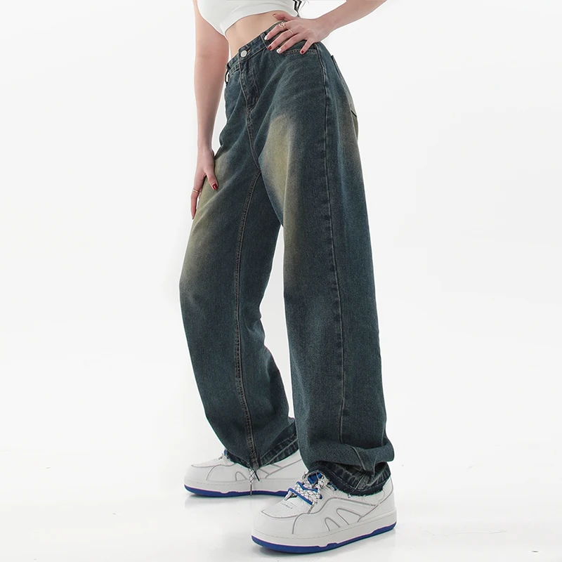 Y2k Women Wide Leg Straight Jeans Versatile Vintage Washed Stretch Denim Long Pants Mid Rise Slim Baggy Jeans Streetwear Korean