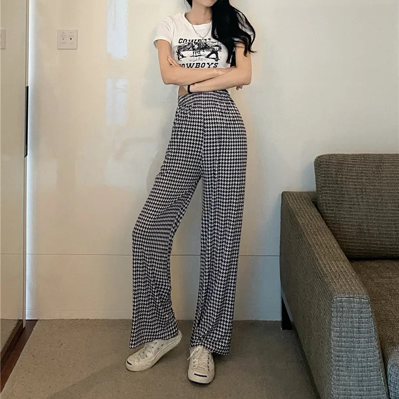 

Women Casual Loose Plaid Mopping Pants 2024 Spring Summer Autumn New Fashion Popular Long Female OL Wide Leg Trousers Slim Thin