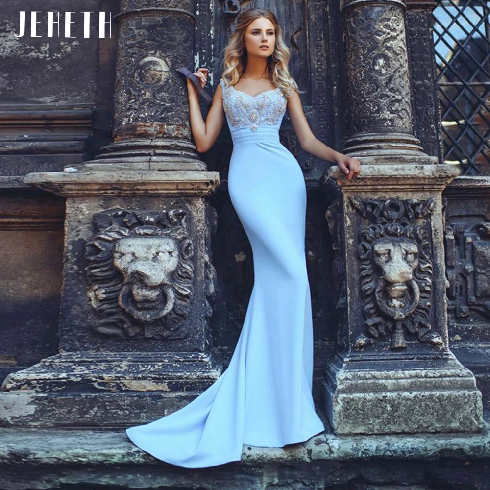 

JEHETH Blue Mermaid Prom Dresses Sleeveless Jersey Evening Dressses Lace Applique vestidos de fiesta elegantes para mujer 2023