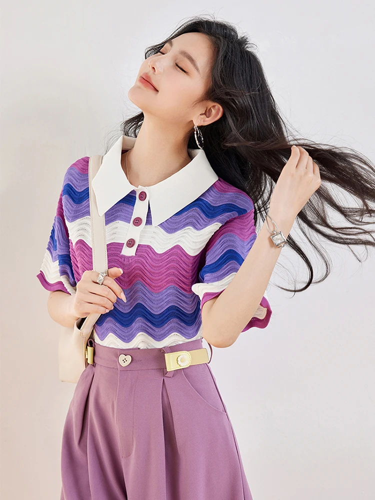 여성용 레트로 대비 컬러 턴다운 칼라 티셔츠, 캐주얼 풀오버 패션, 게으른 스타일 상의, 여름 2024 신상