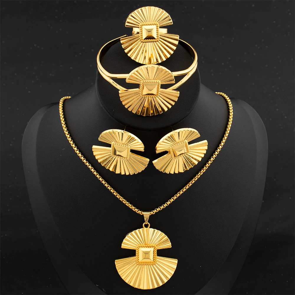 

Gold Color Jewelry Set New Fashion Women's Earrings Pendant Necklace Cuff Bangle Ring Set Gift Italian 18K Gold Plated Accessory