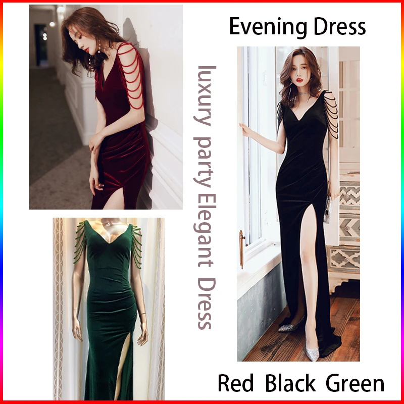 

Velvet Luxury Evening Dresses Elegant Prom Party Skirt V-neck Banquet Temperament Fishtail Long Section Chain Dress For Womem