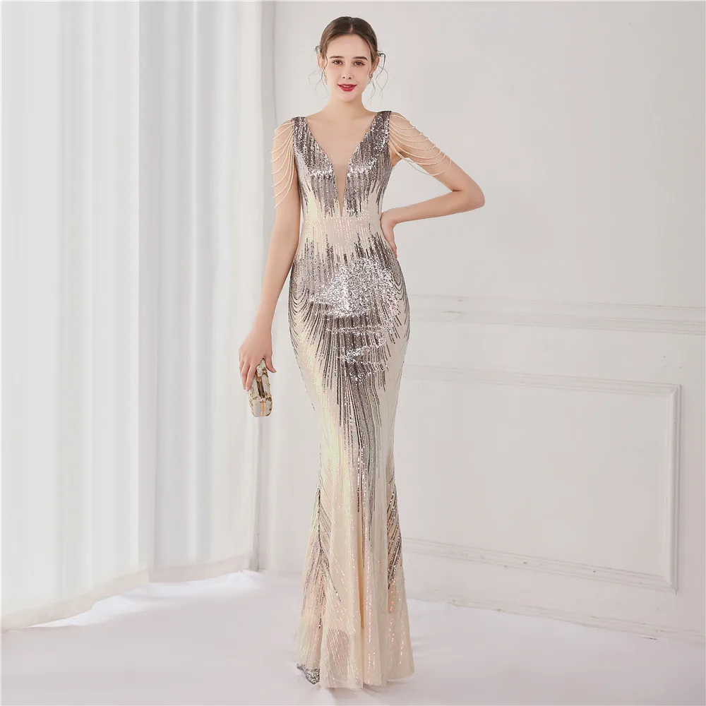 Women's V Neck Sequins Mermaid Gown Long Prom Evening  Party Dress