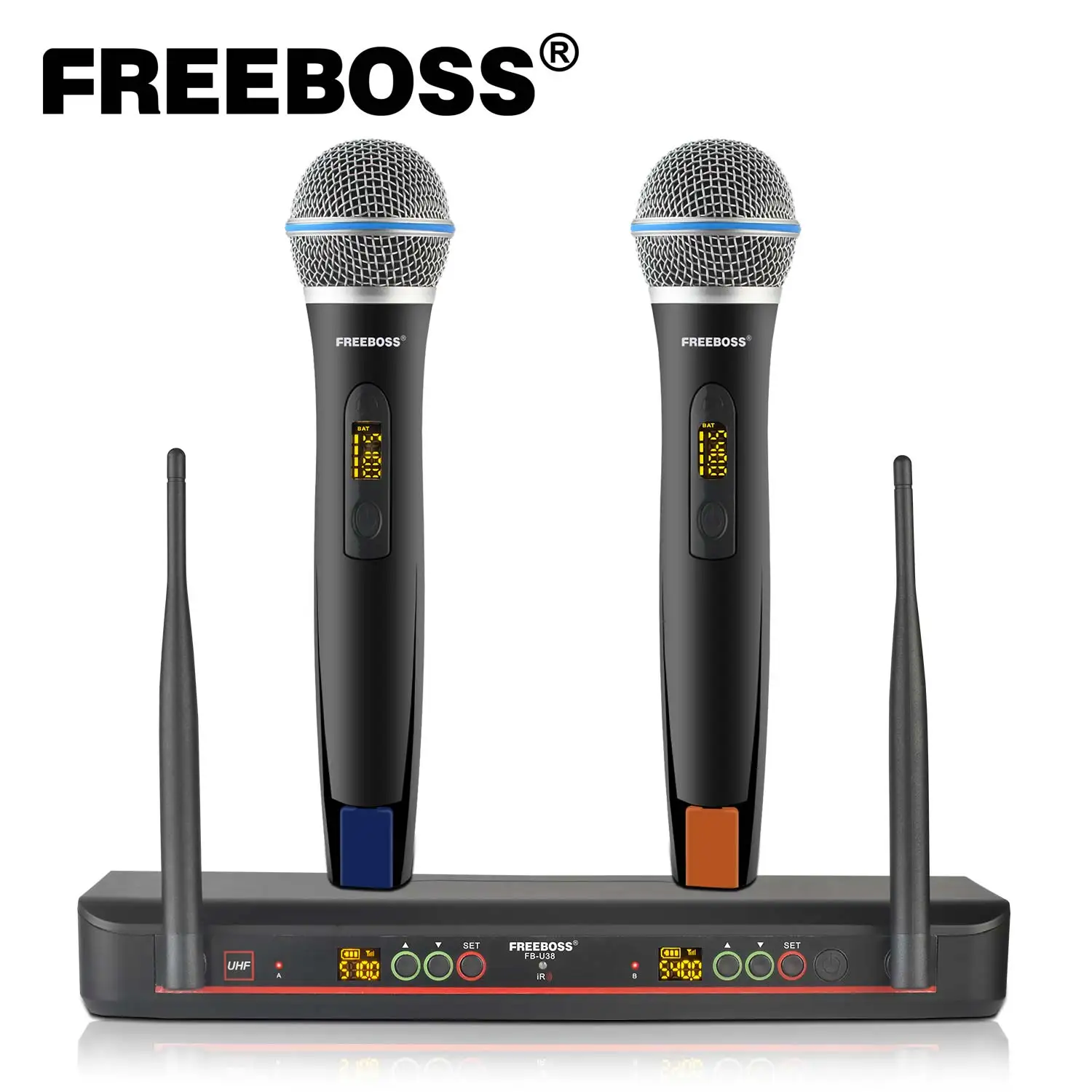 

FREEBOSS UHF Microphone Wireless Dynamic Handheld 2*100 Channel Adjustable Frequency IR Cordless Mic for Karaoke Church FB-U38