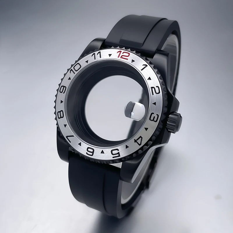 All-Black Sub Style Watch Case with Rubber Strap and Sapphire Crystal