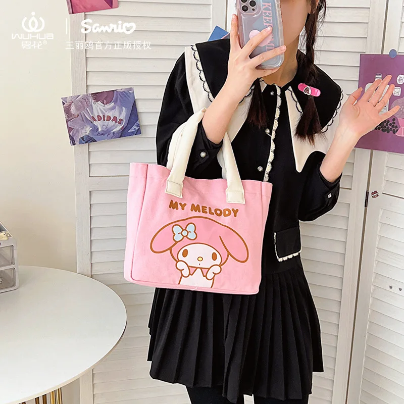 

Sanrio Kawaii Kuromi My Melody Tote Canvas Bag Anime Hangyodon Shoulder Bag Girl Heart Cartoon Cute Fashion Bag Gift for Kids