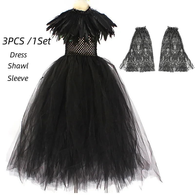 Halloween Maleficent Kostüm für Mädchen Evil Queen Dress Up Kostüme Hexe Teufel Schwarz Mesh Prinzessin Kleid Cosplay – Detail 10