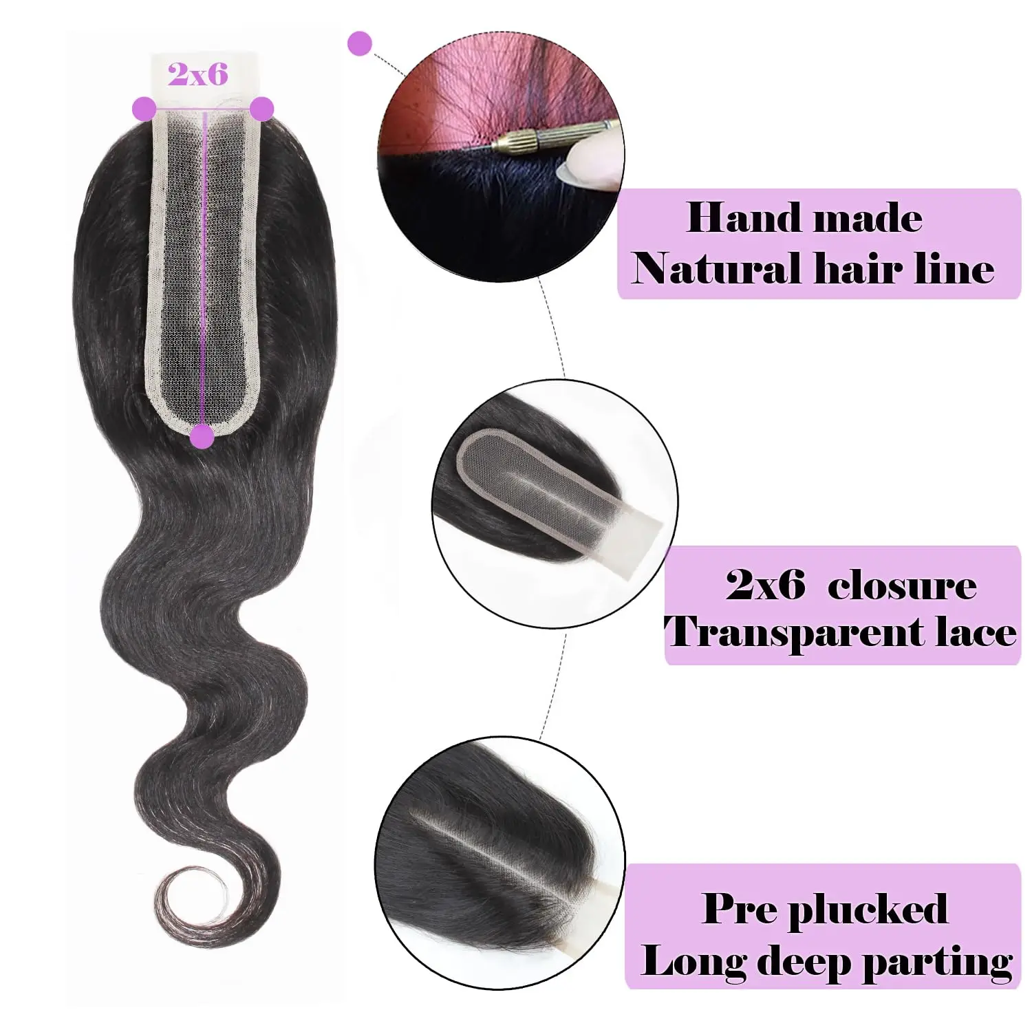 2x6 Human Hair Closure 12-26 inch Body Wave 2x6 Lace Closure for Women Transparent Kim Lace Human Hair Extensions