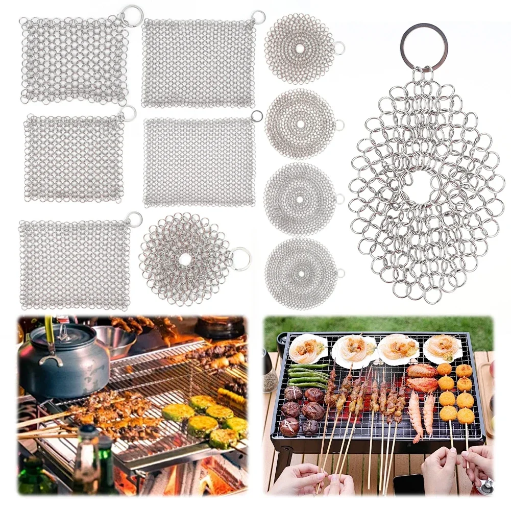 Cast Iron Cleaner with Hanging Ring Chainmail Scrubber Stainless Steel Metal Cleaning Brush for Griddle Skillet Dutch Oven