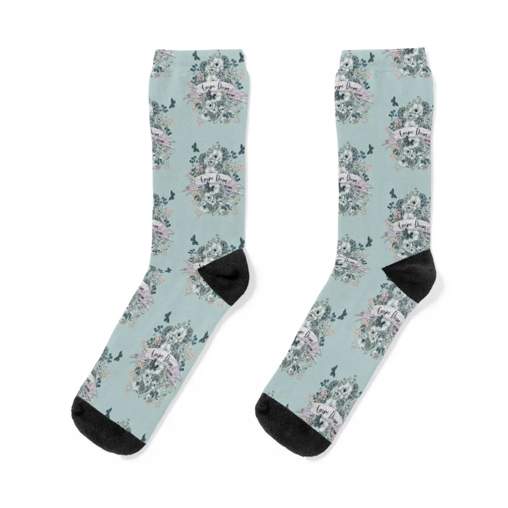 

Motivational quote Carpe Diem, floral butterflies and wild roses watercolor style composition Socks