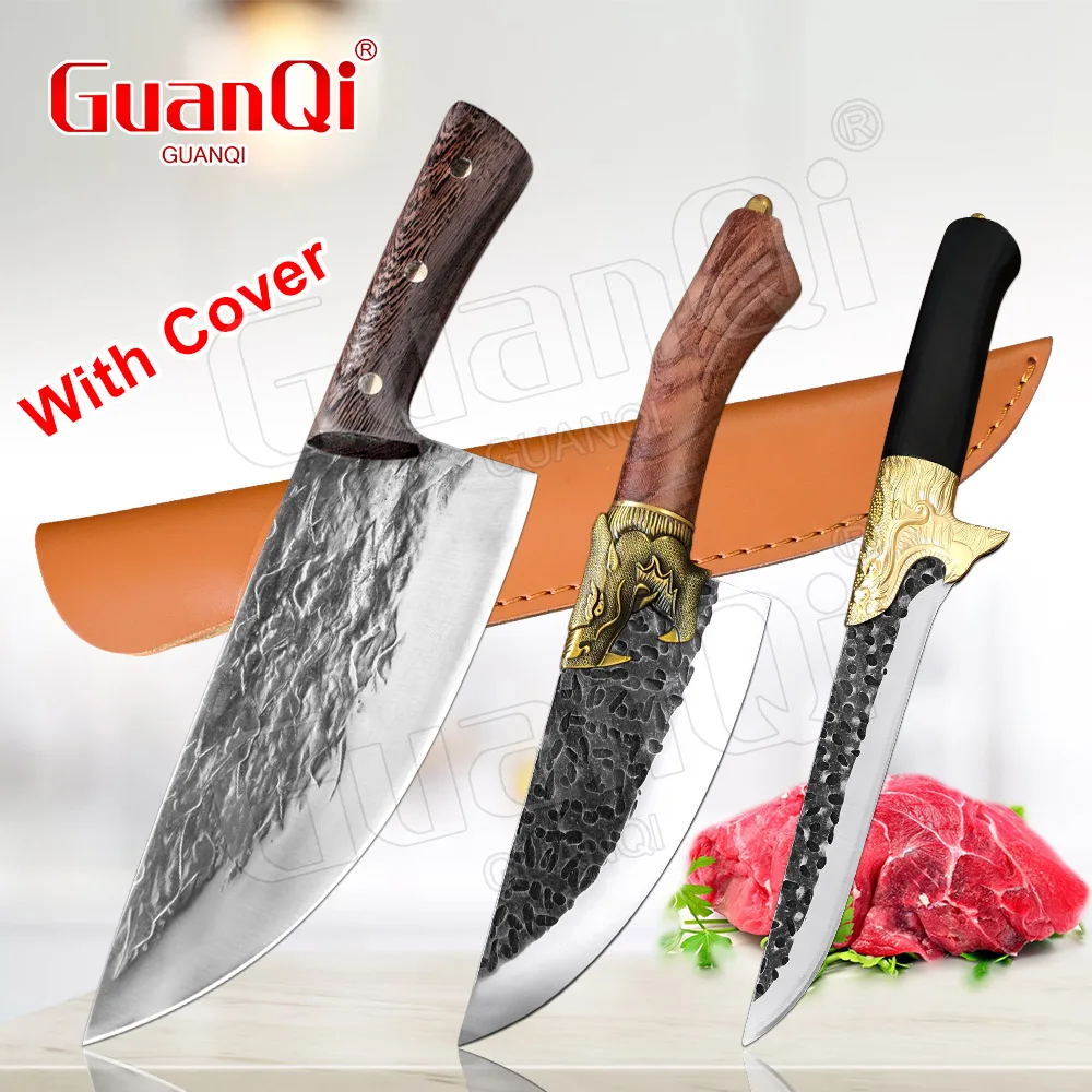 

Forged Boning Knife Pig Beef Sheep Cutting Meat Cleaver Hunting Camping Fishing Kitchen Chef Knife Wooden Handle With cover