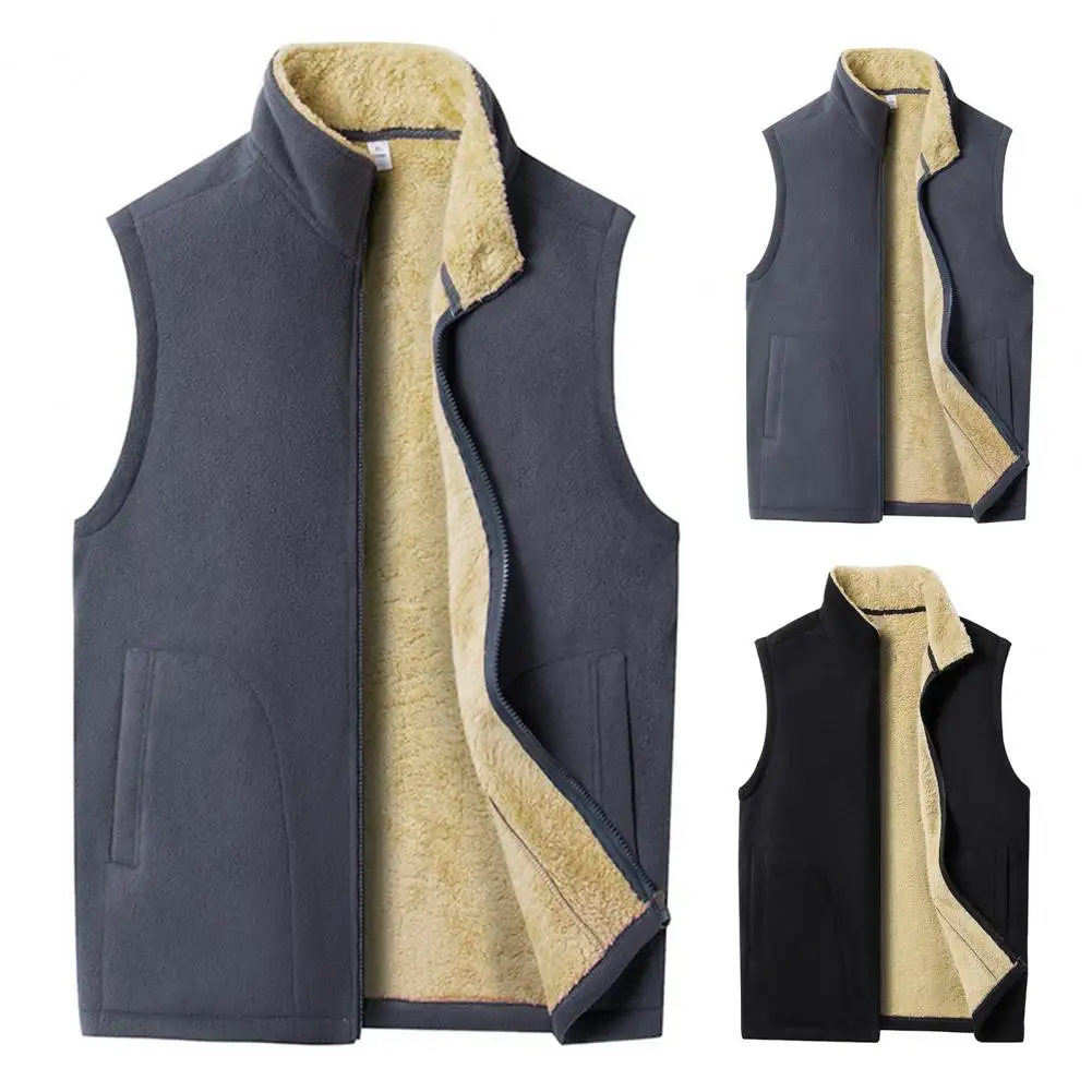 

Men Winter Casual Sleeveless Jacket Stand Collar Warm Fleece Lining Waistcoat Pockets Zipper Placket Vest Coat