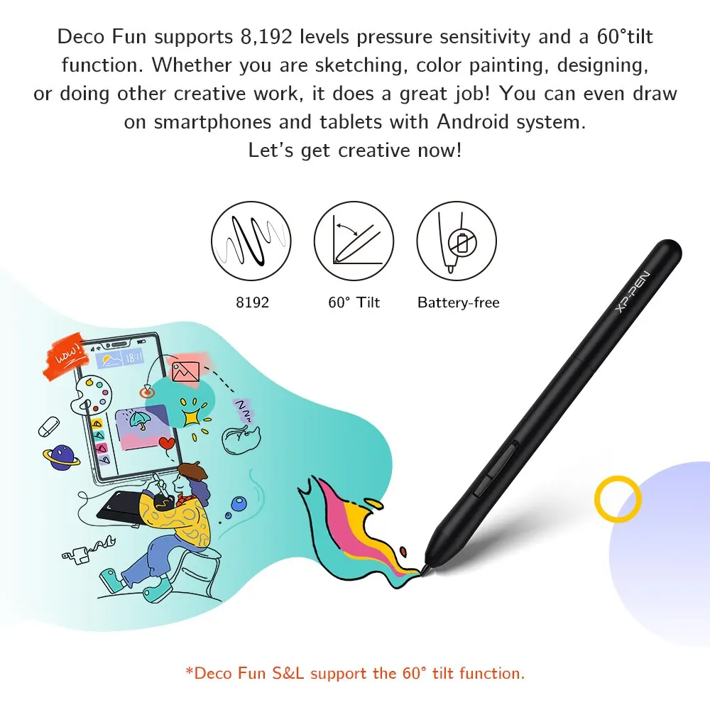 XPPen 그래픽 드로잉 태블릿, Decofun S 펜 태블릿, 안드로이드 맥 리눅스 윈도우용, 8192 단계 압력 배터리 무료, 6x4 인치