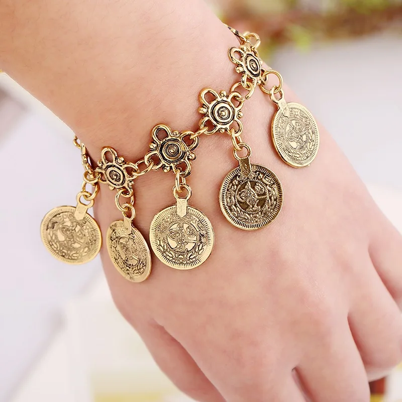 Vintage Engraved Coin Bib Statement Necklace Boho Gold Silver Plated Coins Bracelet Tassel Chic Rhinestone Jewelry Set for Women