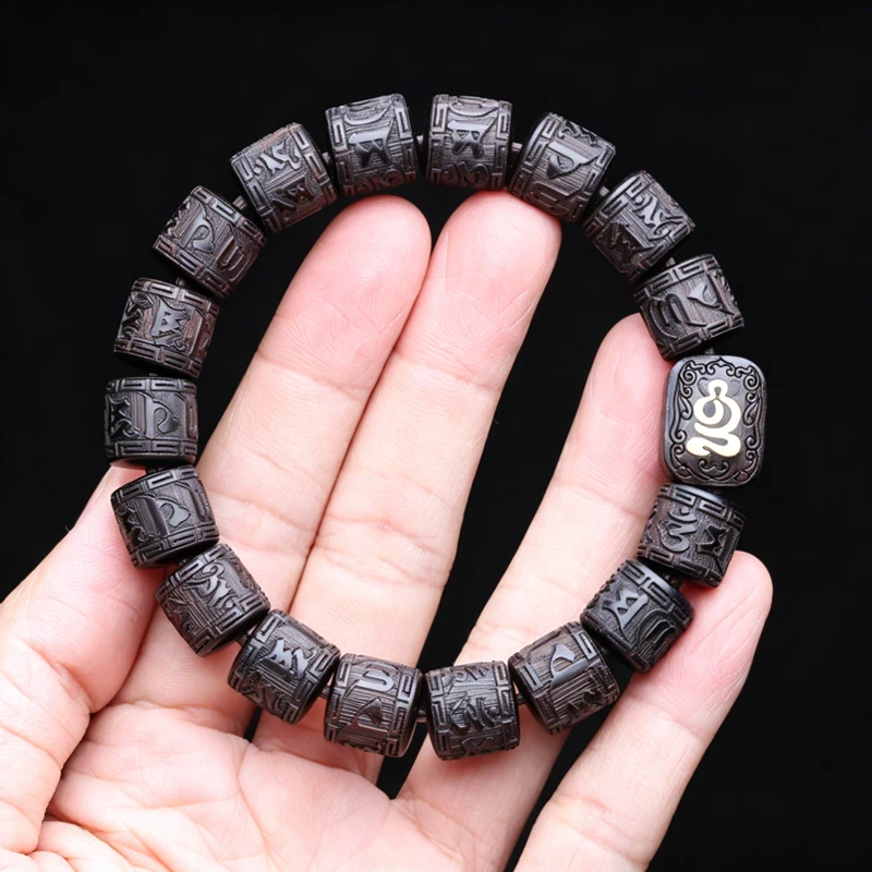 Natürliches Ebenholz Tibetisches Sechs-Wort-Mantra Tibetisches Buddhistisches Gebetsrad-Armband 12mmx12mm Universal
