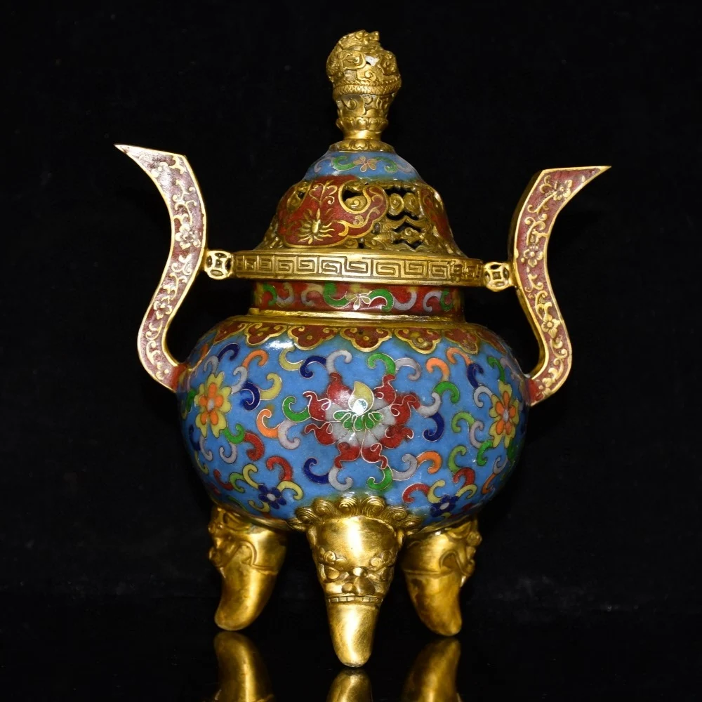 

10"Tibetan Temple Collection Old Bronze Cloisonne Enamel Pattern Ruyi binaural animal head three-legged incense burner