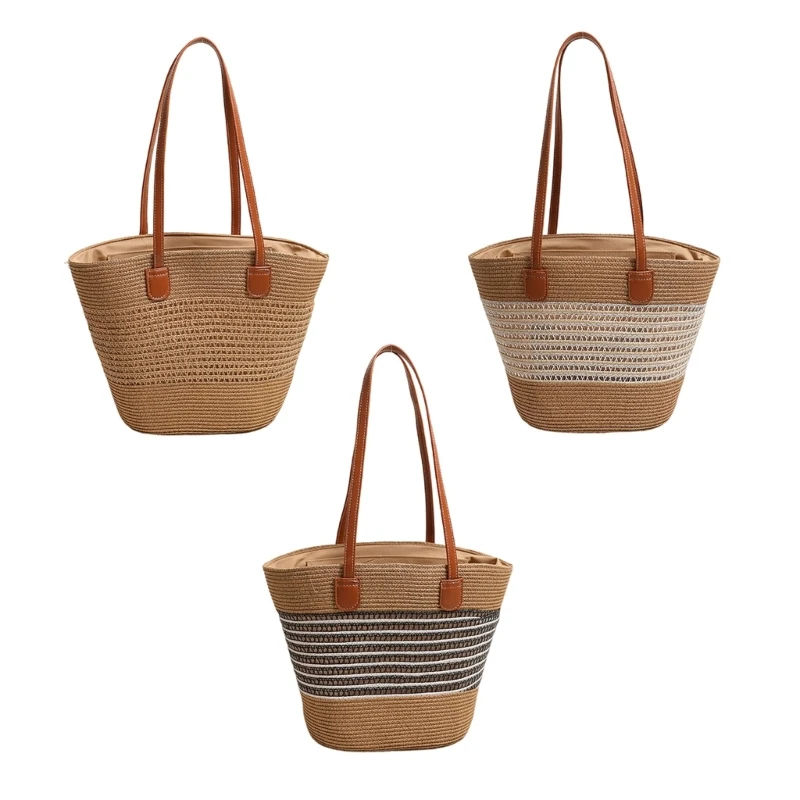 Round Woven Bag Large Capacity Zippered Shoulder Bag Handbag for Travel and Beach E74B