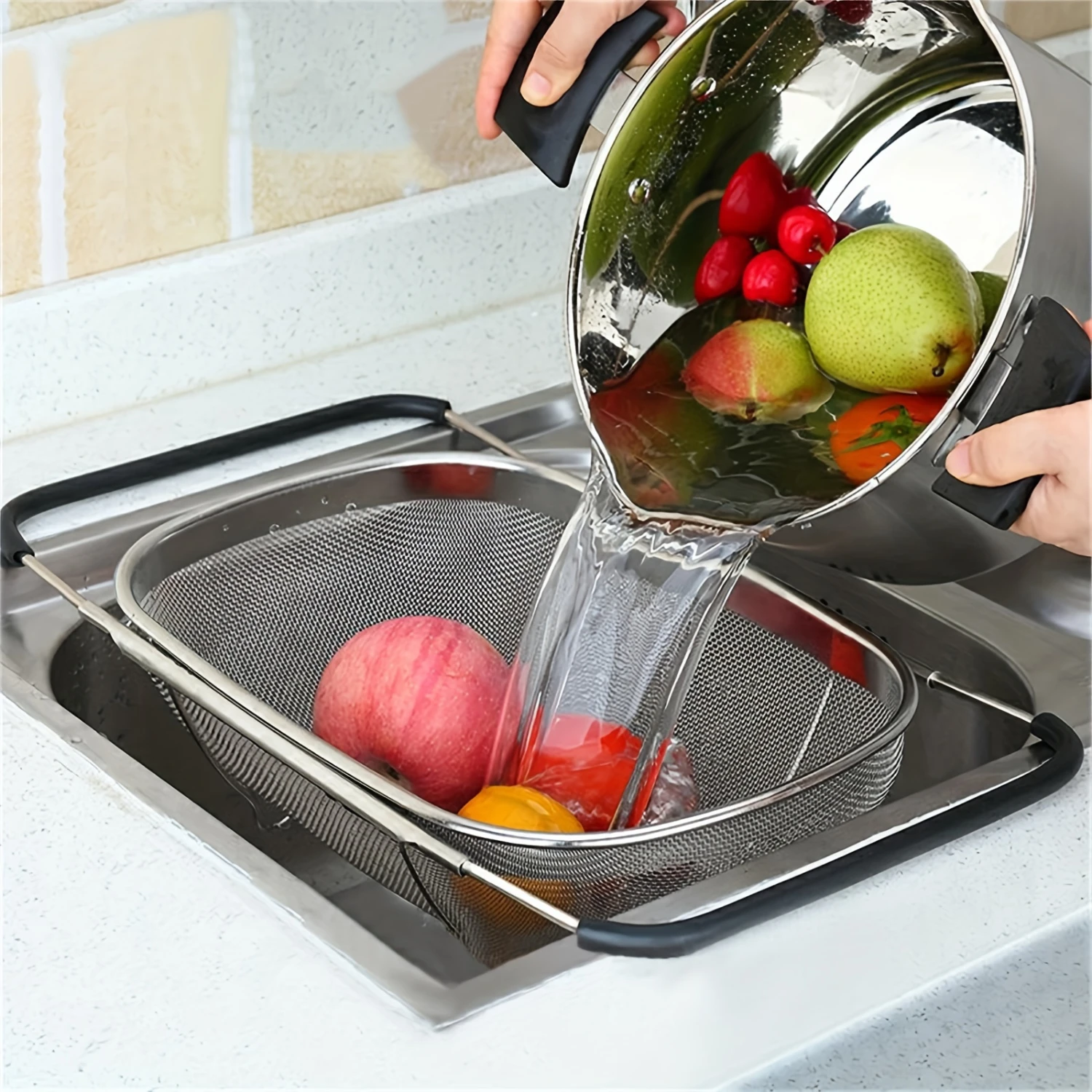 Stainless Steel Over-The-Sink Colander-Telescopic Mesh Basket For Fruits & Veggies, Kitchen Gadget For Washing And Dra