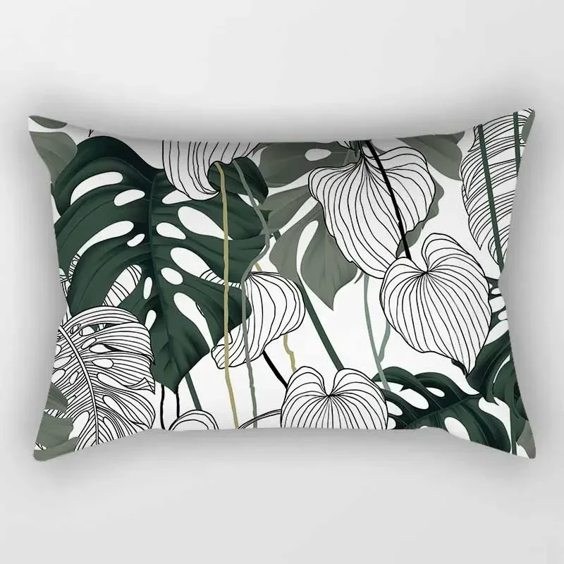 Black and gray botanical leaf rectangular pillow cover