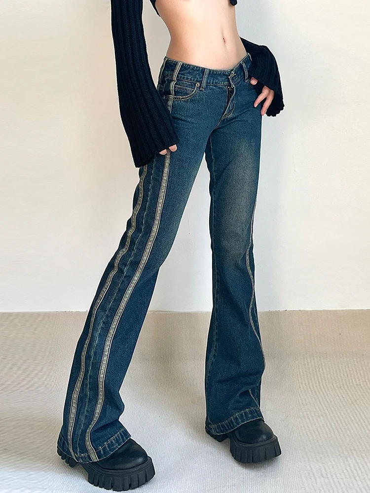 2023 Vintage Flared Jeans Striped Stitching Skinny Low Rise Denim Pants