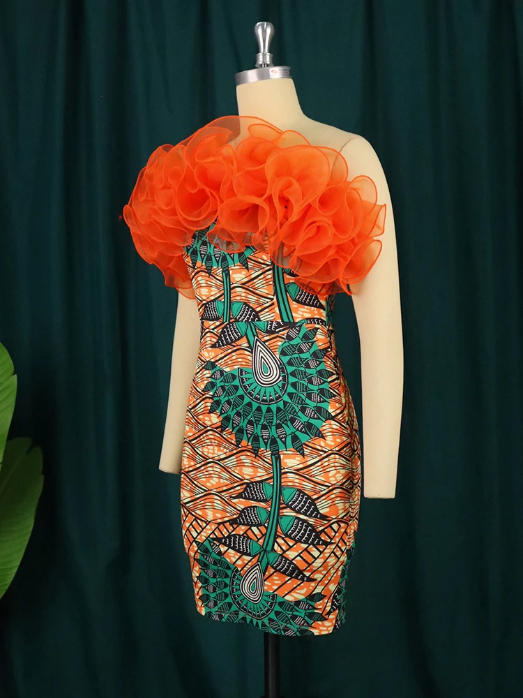 Floral Printed Dresses Plus Size 3XL Off Shoulder Tulle Patchwork High Waist Sexy Mini Dress Gowns for Ladies Evening Party