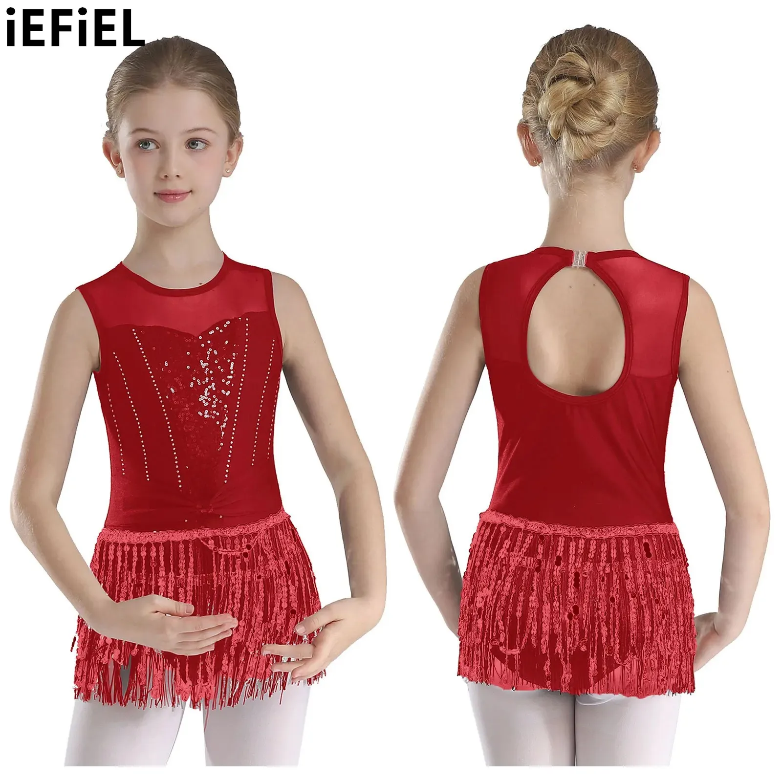 

Kids Girls Sequins Tassel Dance Leotard Shiny Rhinestone Mesh Patchwork Keyhole Back Bodysuit for Tango Cha-Cha Performance