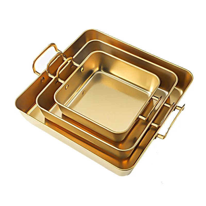 Stainless Steel Square Food Storage Serving Trays with Handle Fruit Bread Barbecue Plate Korean Chicken Fries Snack Dishes 6