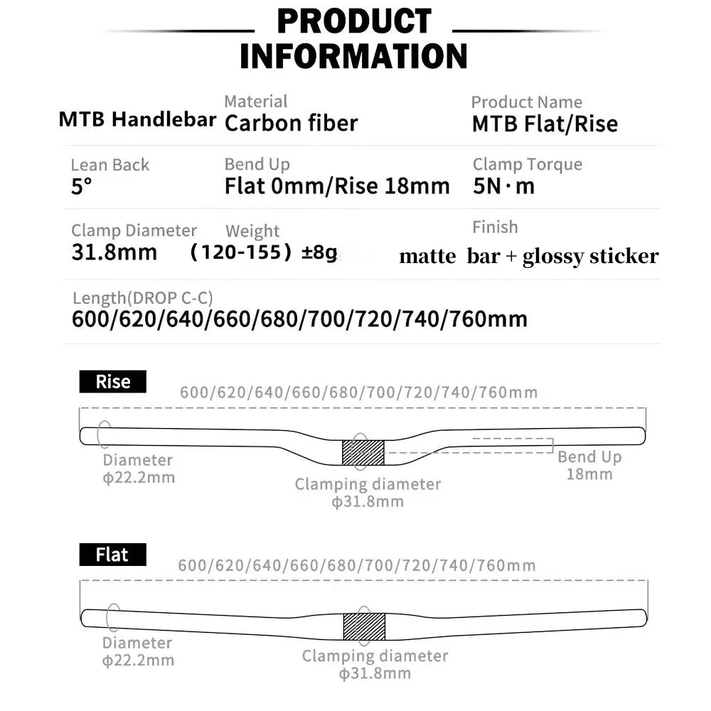 Super Light carbon handlebar Mountain bike 3k full carbon handlebar matte bicycle MTB parts 31.8*600-760mm