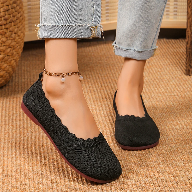 Women Shoes Women Sneakers Women Flats Casual Shoes Solid Color Mesh Breathable Sneakers Soft Bottom Knit Ballet Loafers Slip on Boat Shoes