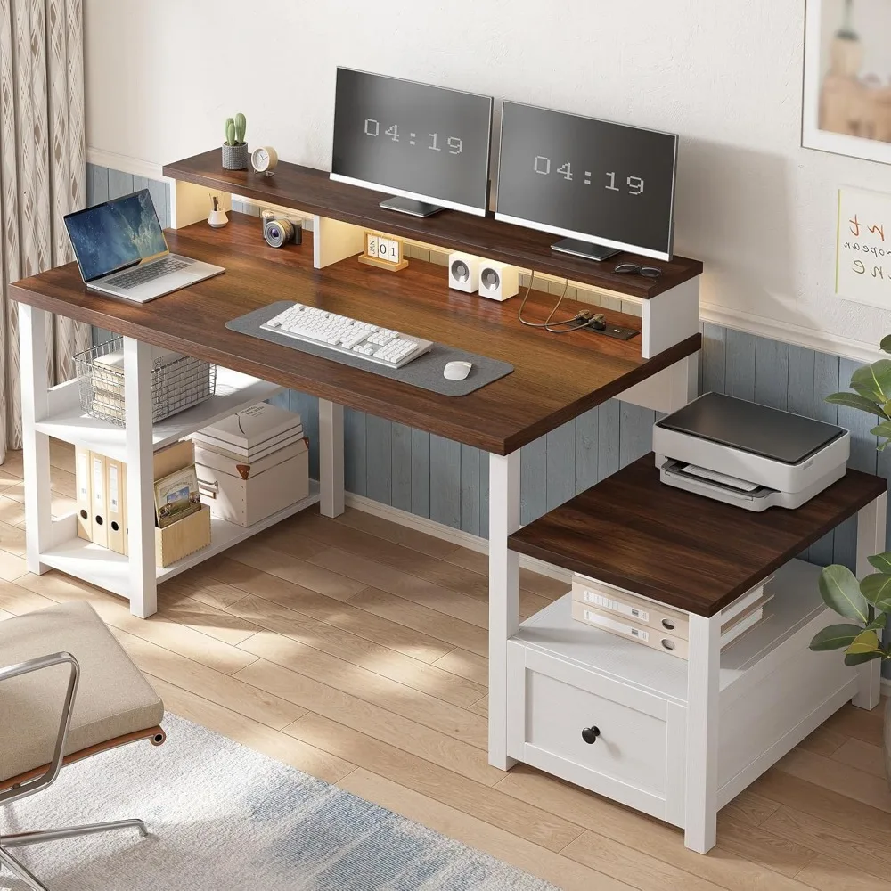 Computer Desk with Drawers Cabinet, Office Desk with Power Outlets, Home Office Desks with Shelves Monitor Stand, Farmhouse 6