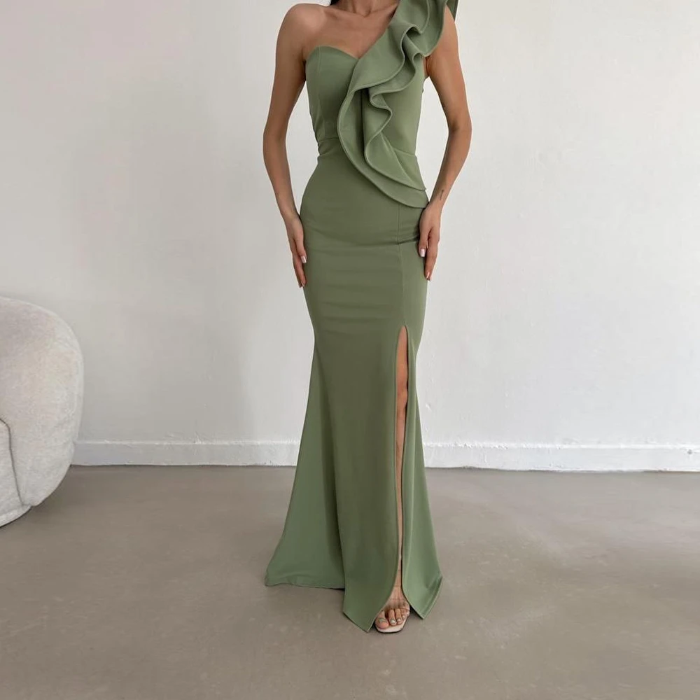ROSELLA Sexy Mermaid One-Shoulder With Ruffles Women Party Evening Dress Floor Length Front High Slit Zipper Up Gown New 2023