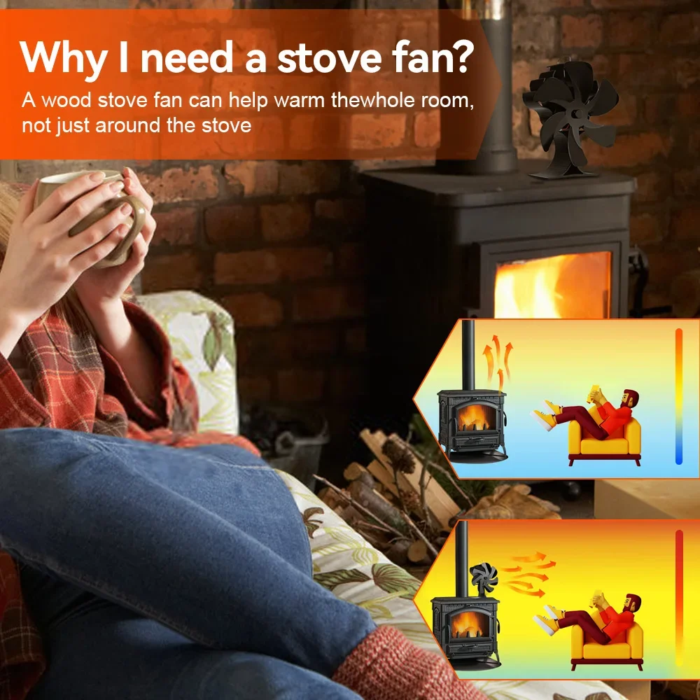 Black Fireplace Fan With 7 Blades Heat-powered Stove Fan No Battery or Electricity Required Log Wood Burner Eco Quiet Fan