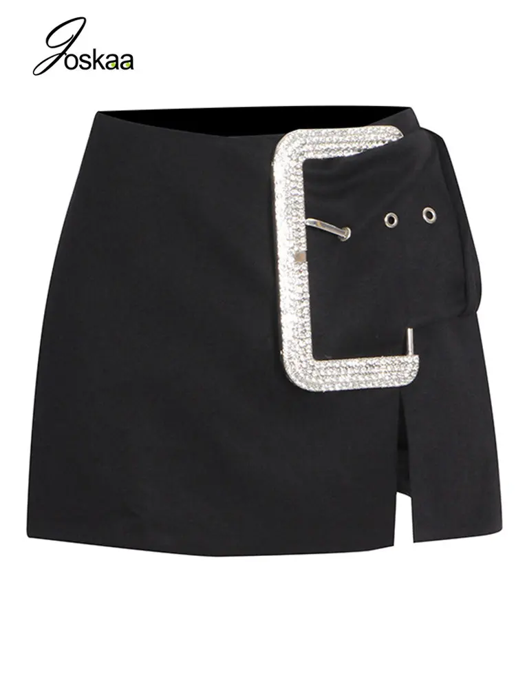 

Joskaa Sexy Crystal Buckle Mini Skirts for Women Clothing Winter 2022 Black High Wasit Split Skirt Female Bottoms Streetwear