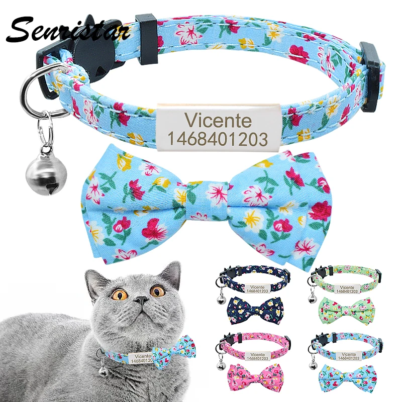 

Printed Bowtie Cat Collar Bell Personalized Nameplate Cat Collar Custom Engraved ID Name Tag Cute Bowknot Cat Collar Necklace