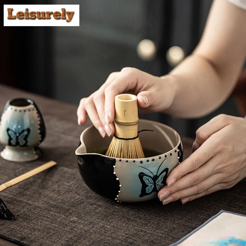 Polka Dot Hand-painted Butterfly Tea Set Complete Set Bamboo Chasen Japanese Matcha Set Kit Tea Ceremony Kitchen Supplies Craft