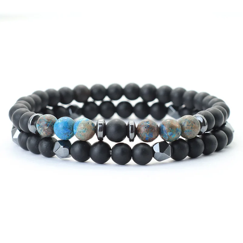 Mens Onyx Stone Beaded Bracelet Set 2Pcs Natural Tiger Eyes