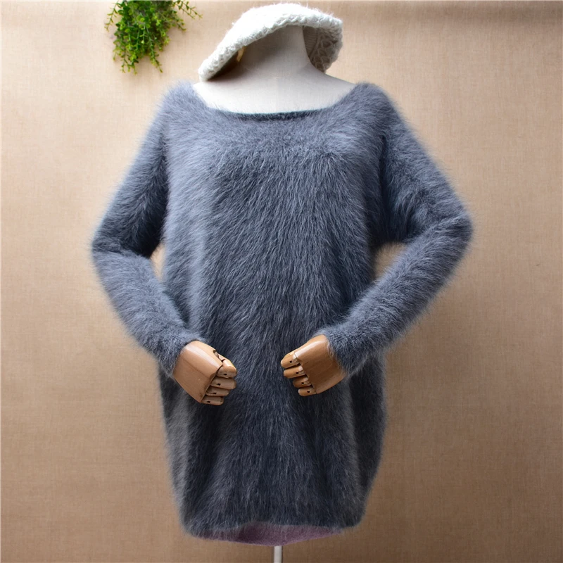 

Female Women Fall Winter Grey Soft Hairy Plush Mink Cashmere Knitted O-Neck Long Sleeve Loose Pullover Angora Fur Jumper Sweater