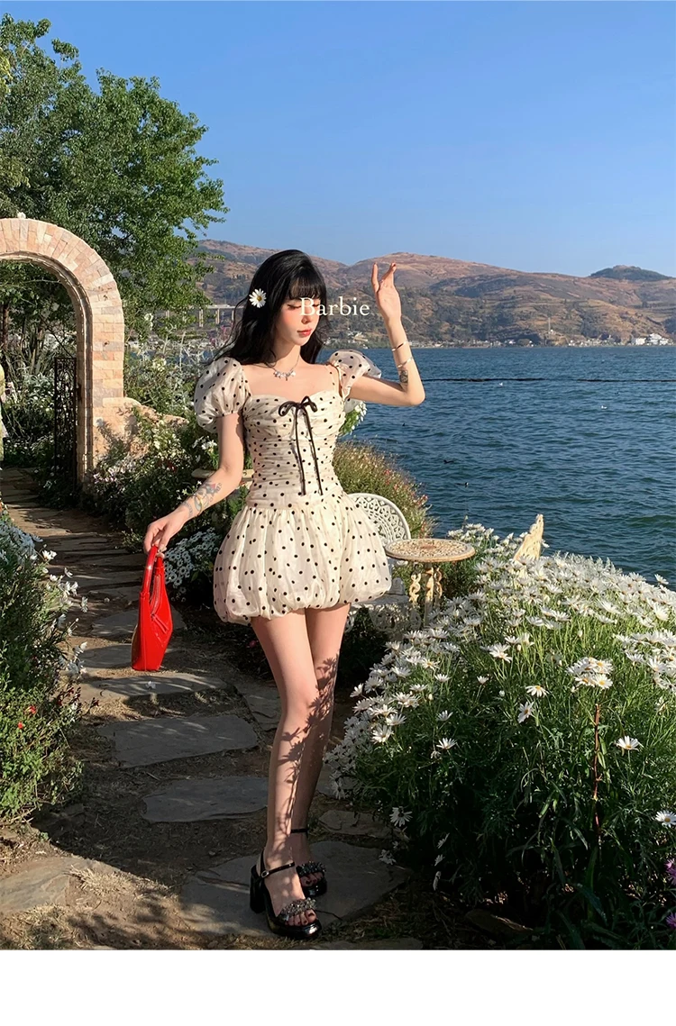 Polka Dot Birthday Party Dress Off Shoulder Puff Sleeve A-line Ball Gown Mini Dresses for Women Korean Fashion One Piece Vestido