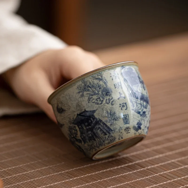 

Teacup Retro Blue and White Ceramic Master Cup Chinese Tea Porcelain Household Kung Fu Personal Single Teaware Kitchen Dining